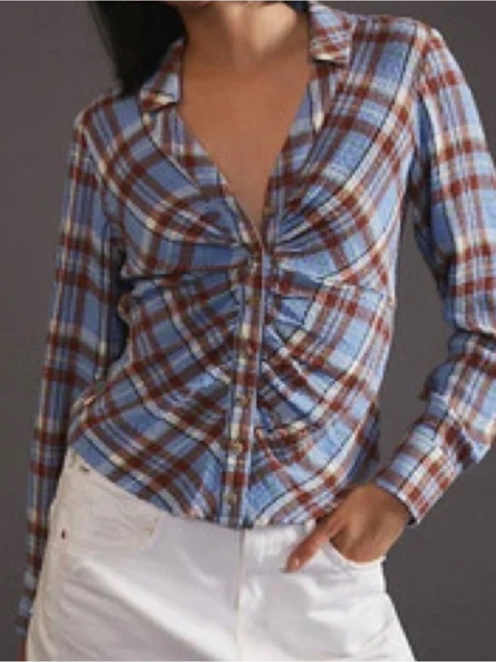 Pilcro Blue and Brown Plaid Ruched Button-Down Top large